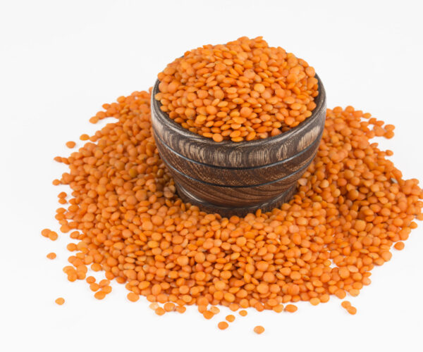 Dried food legumes; red lentil on the white background